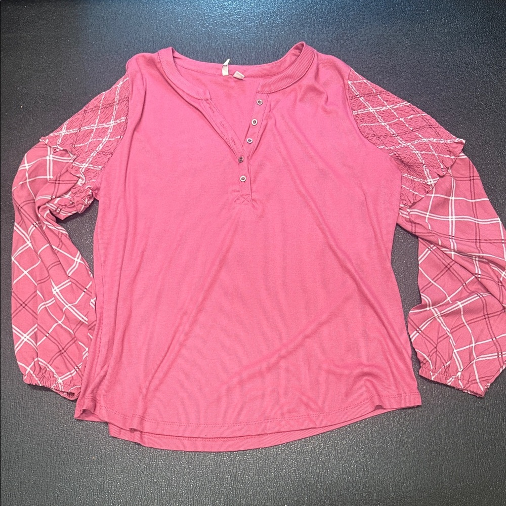 Cato Pink Long Sleeve Henley Top with Patterned Balloon Sleeves